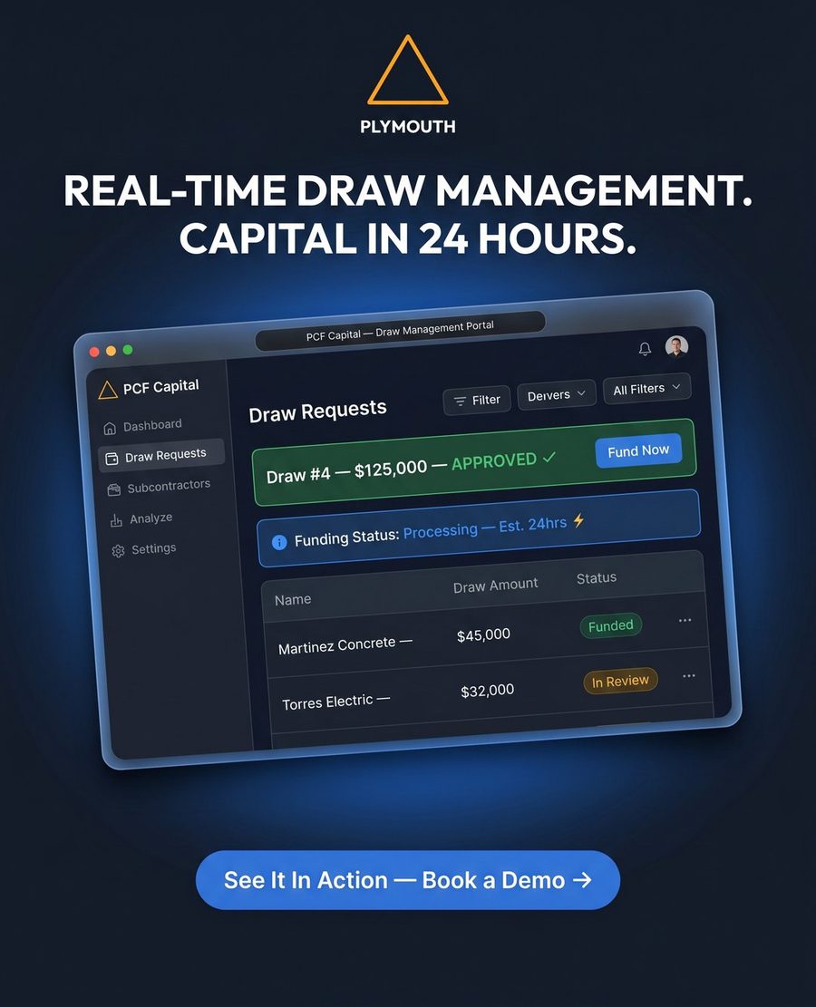 Plymouth Capital Fund command center dashboard showing draw queue, capital flow, and funding metrics.